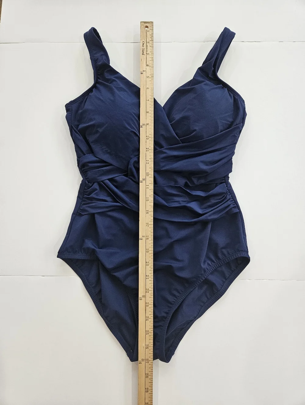 Lands’ End Slender Suit One Piece Swimsuit Womens 12 Blue Ruched Tummy Control